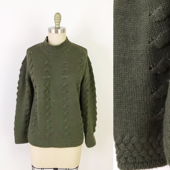 Alpaca Forest Green Cable Knit Cozy Sweater Mockneck Adventurecore Cabincore - Picture 2 of 8